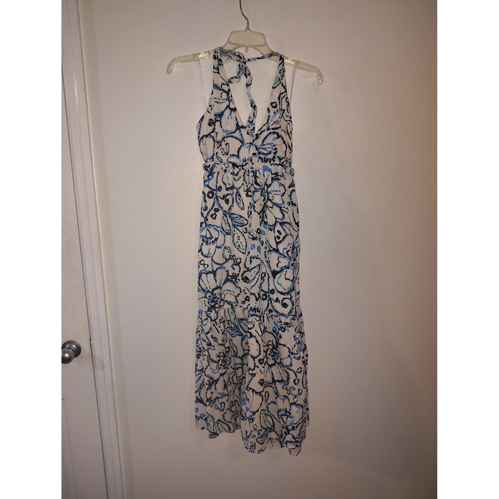 Kristin Davis Blue White Floral Halter Maxi Dress Tiered Summer‎ Sun Dress 12